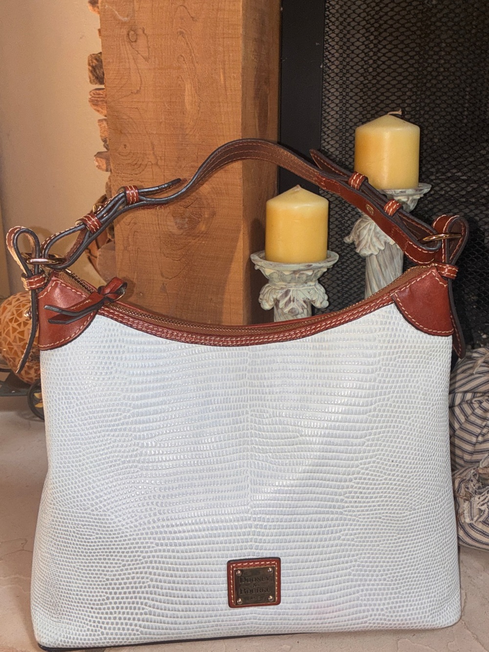 DOONEY AND BOURKE LIZARD EMBOSSED HANDBAG SATCHEL PALE BLUE w/Brown Trim $328